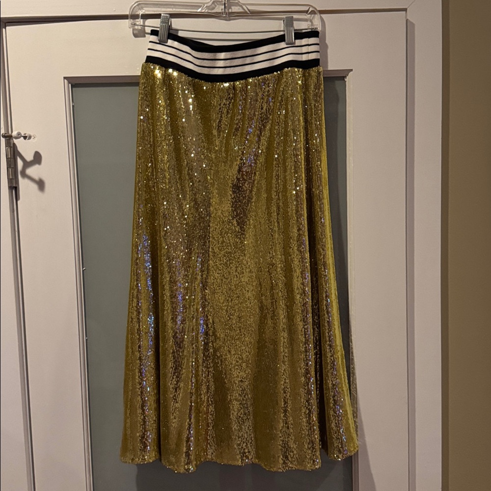 Robert Rodriguez Gold Sequin Midi Skirt with Black & White Striped Waistband